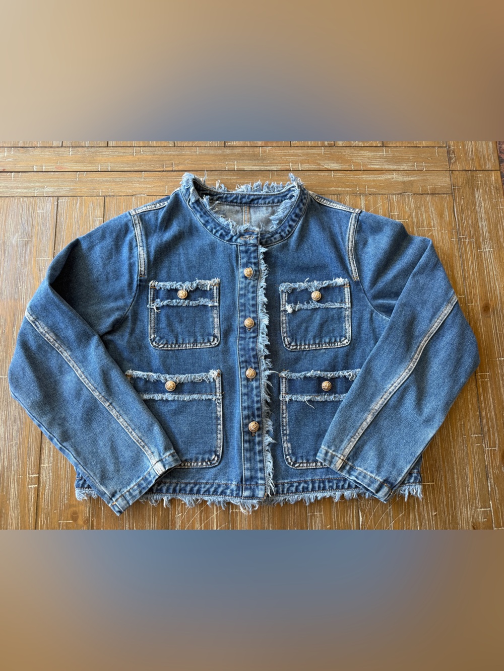 Women's Distressed Blue Denim Jacket - Casual Frayed Pocket Detail